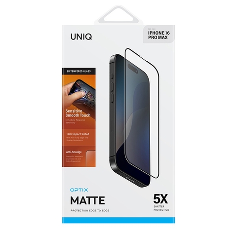 Kính Cường Lực UNIQ OPTIX MATTE Cho iPhone 16 Pro/ 16 Pro Max Bề Mặt Nhám Mịn Chống Bám Vân Tay Chống Chói