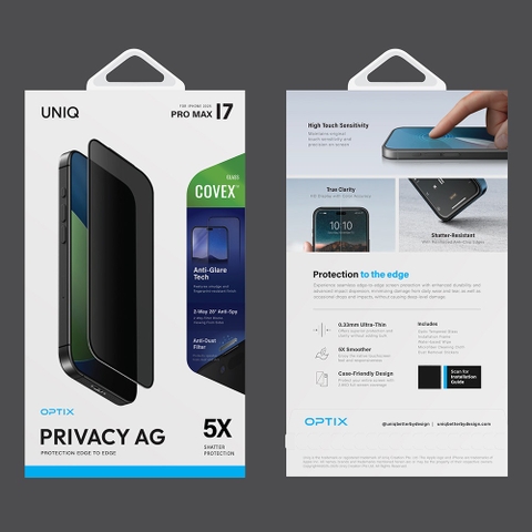 Kính Cường Lực Chống Nhìn Trộm iPhone 17 Series UNIQ Optix Covex PRIVACY AG Dày 0.33mm Bảo Vệ Sự Riêng Tư Và Chống Chói