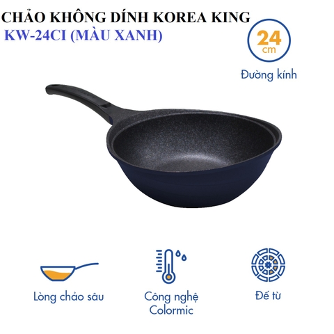 KW-24CI Chảo không dính Korea King sâu, đường kính 24cm, đáy màu xanh, hồng - Hàng chính hãng