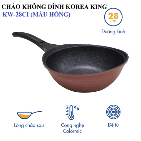 KW-28CI Chảo không dính Korea King sâu, đường kính 28cm, đáy màu hồng - Hàng chính hãng