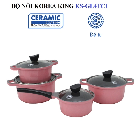 KS-GL4TCI_H Bộ nồi Korea King (Bộ gồm 3 nồi đường kính 20, 22, 24 cm và 1 quánh 18cm, nồi bằng nhôm đúc nguyên khối phủ lớp chống dính Ceramic, nắp bằng kính, đáy màu hồng)-Hàng chính hãng
