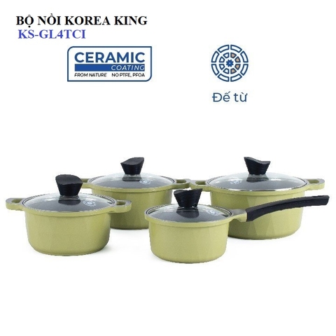 KS-GL4TCI Bộ nồi Korea King (Bộ gồm 3 nồi đường kính 20, 22, 24 cm và 1 quánh 18cm, nồi bằng nhôm đúc nguyên khối phủ lớp chống dính Ceramic, nắp bằng kính, đáy màu xanh)-Hàng chính hãng