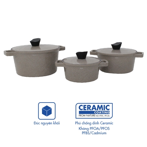 KP-3LI - Bộ nồi Levante đáy từ (Nồi, nắp bằng nhôm đúc, đường kính 20, 24, 28cm, màu nâu) - Hàng chính hãng