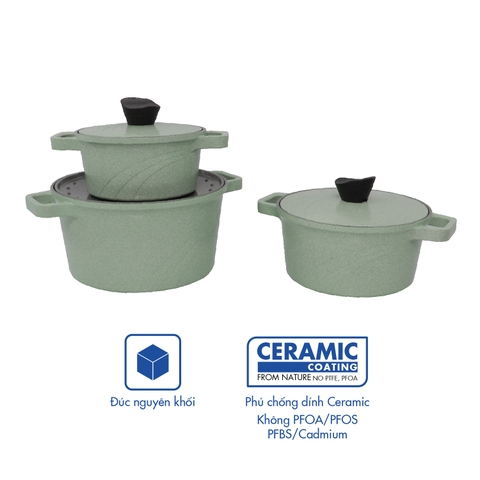 KP-3LI - Bộ nồi Levante đáy từ (Nồi, nắp bằng nhôm đúc, đường kính 20, 24, 28cm, màu xanh) - Hàng chính hãng