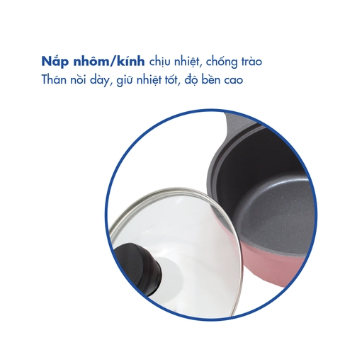 KS-GL4TCI_H Bộ nồi Korea King (Bộ gồm 3 nồi đường kính 20, 22, 24 cm và 1 quánh 18cm, nồi bằng nhôm đúc nguyên khối phủ lớp chống dính Ceramic, nắp bằng kính, đáy màu hồng)-Hàng chính hãng