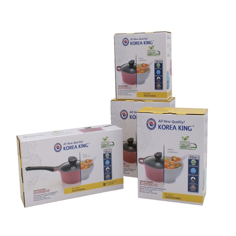 KS-GL4TCI_H Bộ nồi Korea King (Bộ gồm 3 nồi đường kính 20, 22, 24 cm và 1 quánh 18cm, nồi bằng nhôm đúc nguyên khối phủ lớp chống dính Ceramic, nắp bằng kính, đáy màu hồng)-Hàng chính hãng