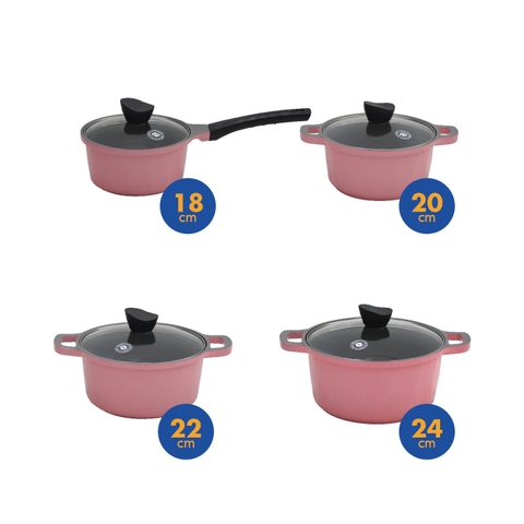KS-GL4TCI_H Bộ nồi Korea King (Bộ gồm 3 nồi đường kính 20, 22, 24 cm và 1 quánh 18cm, nồi bằng nhôm đúc nguyên khối phủ lớp chống dính Ceramic, nắp bằng kính, đáy màu hồng)-Hàng chính hãng