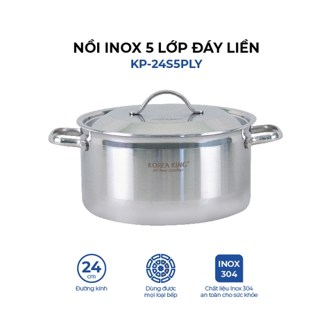 KP-24S5PLY Nồi inox 5 lớp đáy liền Korea King (Nồi, nắp đều bằng inox, đường kính 24cm, dung tích 5L)-Hàng chính hãng