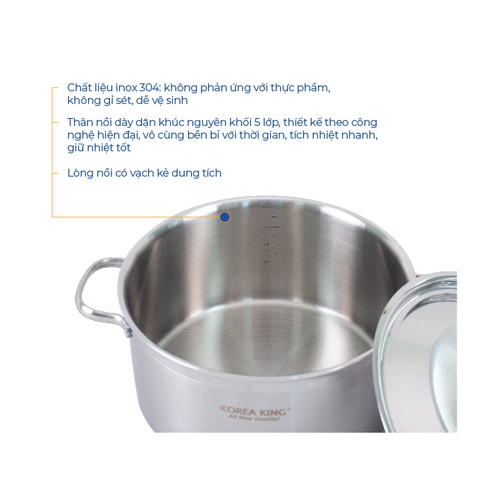 KP-22S5PLY Nồi inox 5 lớp đáy liền Korea King (Nồi, nắp đều bằng inox, đường kính 22cm, dung tích 4L)-Hàng chính hãng