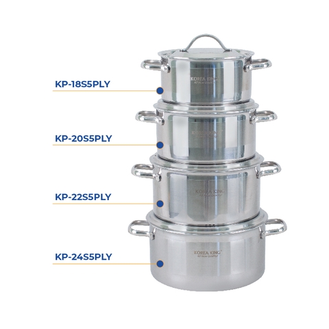 KP-4S5PLY Bộ nồi inox 5 lớp đáy liền Korea King (Bộ gồm 4 nồi đường kính 18, 20, 22, 24 cm, nồi và nắp đều bằng inox)-Hàng chính hãng