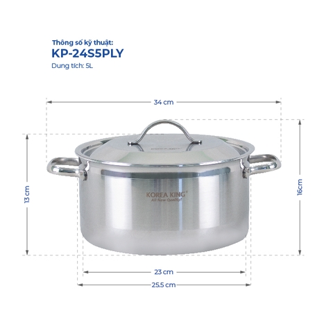 KP-4S5PLY Bộ nồi inox 5 lớp đáy liền Korea King (Bộ gồm 4 nồi đường kính 18, 20, 22, 24 cm, nồi và nắp đều bằng inox)-Hàng chính hãng