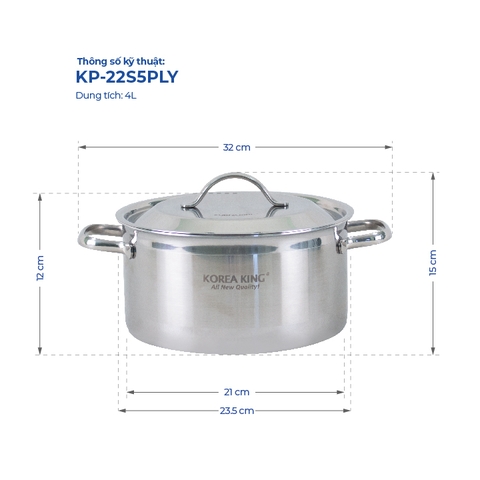 KP-4S5PLY Bộ nồi inox 5 lớp đáy liền Korea King (Bộ gồm 4 nồi đường kính 18, 20, 22, 24 cm, nồi và nắp đều bằng inox)-Hàng chính hãng