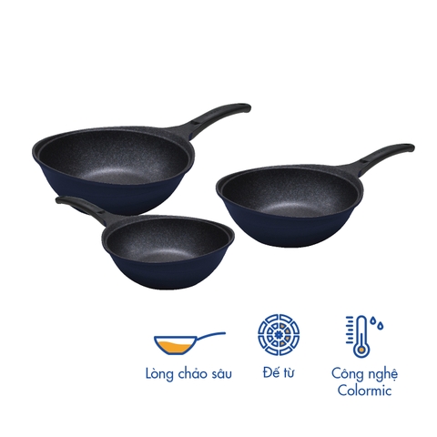 KW-24,26,28CI Bộ combo chảo lòng sâu Colormic Korea King size 24,26,28cm-Màu Xanh