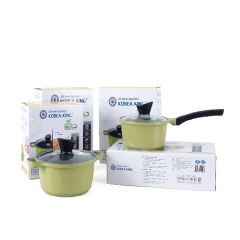 KS-GL4TCI Bộ nồi Korea King (Bộ gồm 3 nồi đường kính 20, 22, 24 cm và 1 quánh 18cm, nồi bằng nhôm đúc nguyên khối phủ lớp chống dính Ceramic, nắp bằng kính, đáy màu xanh)-Hàng chính hãng