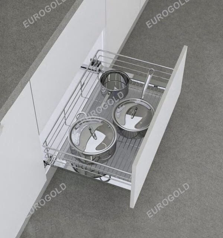 Giá xoong nồi inox nan âm tủ gắn cánh ray giảm chấn EUROGOLD EG6160