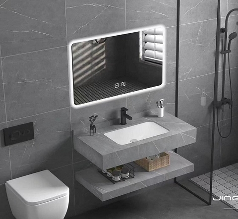 (Nhận KT theo yêu cầu) Bộ bàn đá 2 tầng chậu rửa lavabo đá nhân tạo màu ghi vân mây TMG-003