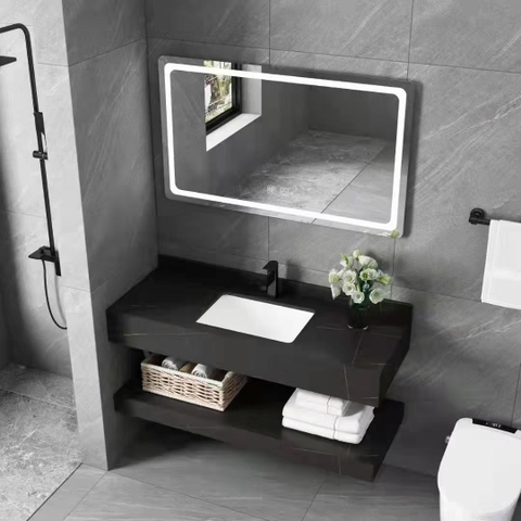(Nhận KT theo yêu cầu) Bộ bàn đá 2 tầng chậu rửa lavabo đá nhân tạo màu đen vân mây TMG-001