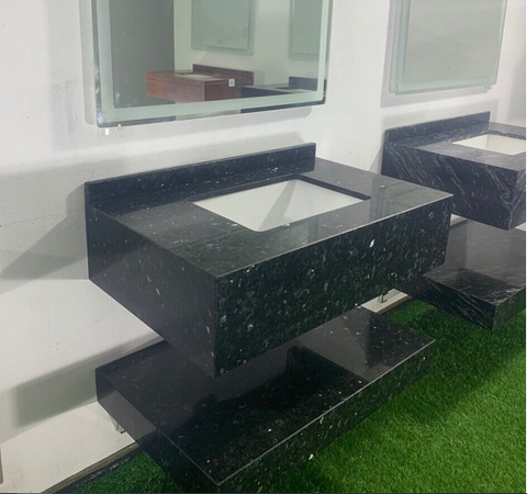 (Nhận KT theo yêu cầu) Bộ bàn đá 2 tầng chậu rửa lavabo đá kim sa xanh tự nhiên TMG-006