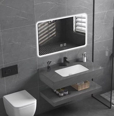 (Nhận KT theo yêu cầu) Bộ bàn đá 2 tầng chậu rửa lavabo đá nhân tạo màu ghi vân mây TMG-004