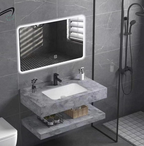 (Nhận KT theo yêu cầu) Bộ bàn đá 2 tầng chậu rửa lavabo đá nhân tạo màu ghi vân mây TMG-002
