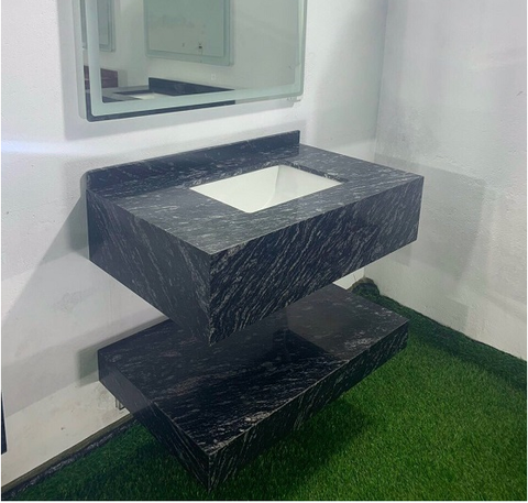 (Nhận KT theo yêu cầu) Bộ bàn đá 2 tầng chậu rửa lavabo đá tự nhiên màu vân mây đen trắng TMG-007