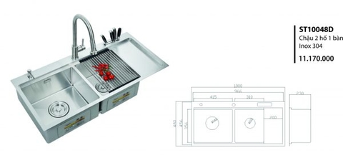 Chậu 2 hố 1 bàn inox 304 ST10048D