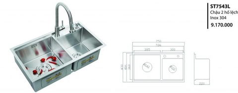 Chậu 2 hố lệch inox 304 ST7543L