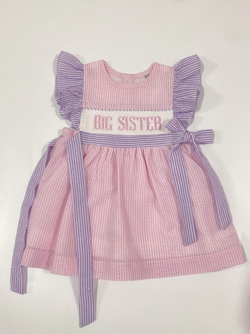 Pink seersucker smocked  dress with smocked name Big Sister R42