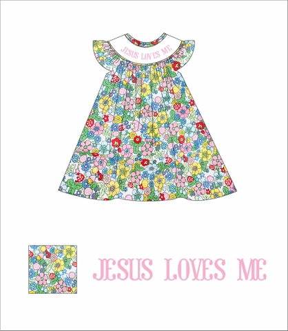 Floral bishop dress with smocked name JESUS LOVES ME R48