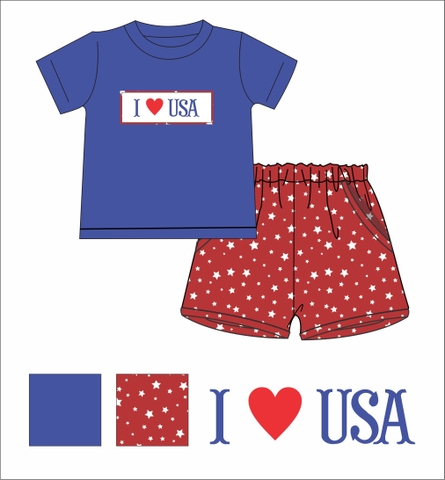 Boy smocked set with I LOVE USA smocked name R49