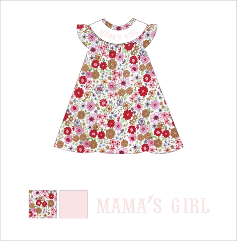 Red floral bishop dress with smocked name Mama 's girl W025