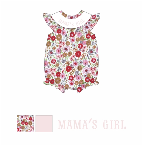 Red floral girl smocked romper with smocked name mama girl W026