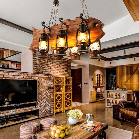 Đèn chùm gỗ thả kết hợp chao đèn dầu mẫu mới hình cá chiến hiện đại