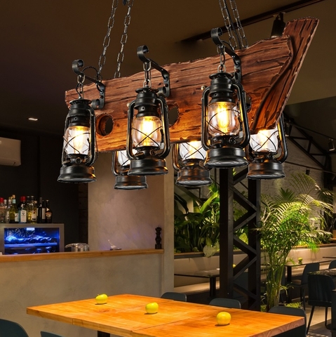 Đèn chùm gỗ thả kết hợp chao đèn dầu mẫu mũi tàu mới hiện đại