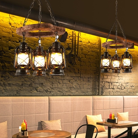 Đèn chùm gỗ thả kết hợp chao đèn dầu mẫu The Ring mới hiện đại