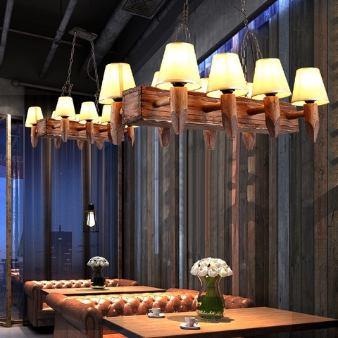 Đèn chùm gỗ thả kết hợp chao đèn vải mẫu chân đuốc mới hiện đại