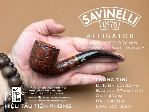 Savinelli Alligator Model - Rusticated Brown - Shape 622 KS - Made in Italy