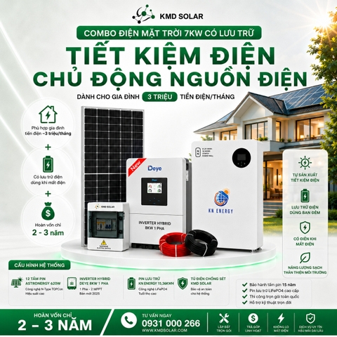 Combo điện mặt trời 7KW có lưu trữ - trọn gói áp mái tôn