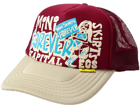 KAPITAL LEGS MINI SKIRTS FORVER TRUCKER HAT BURGUNDY/BIEGE