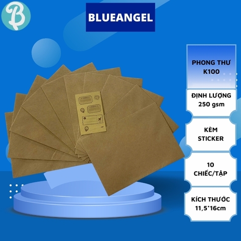 Phong thư K100 10 chiếc kèm Sticker, Phong thư craft KT 11,5*16cm - Blueangel
