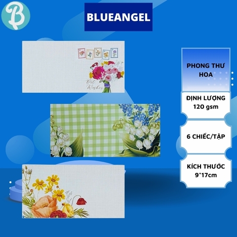 Bao Thư, Phong Thư Hoa KT 17 x 9 cm Blueangel (6Cái /Xấp) - Phong Bì Đa Dạng Mẫu
