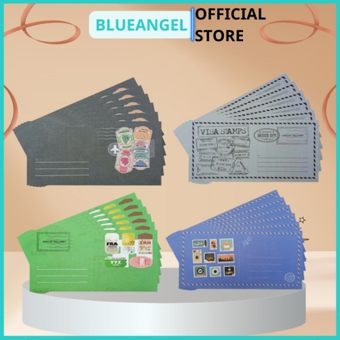 Bộ 6 Phong Thư Tem Vintage - Phong Bì Có Keo Dán - Blueangel