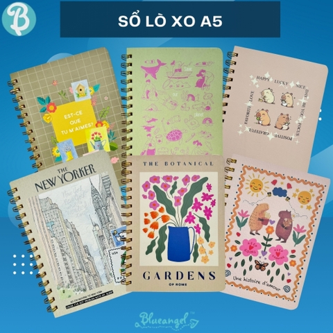 Sổ tay lò xo A5 gáy xoắn 210 trang Blueangel 6 dòng ruột caro,chấm dot, trơn, kẻ ngang, planner NON-LM