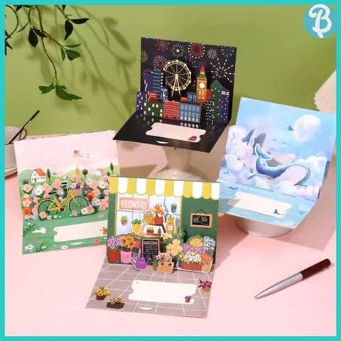 Thiệp chúc mừng 3D sáng tạo theo phong cách dễ thương, thiệp quà tặng đính kim tuyến cao cấp