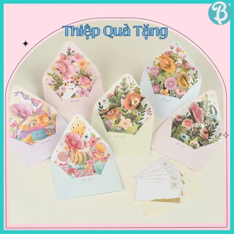 Thiệp quà tặng, thiệp cảm ơn họa tiết hoa đính nhũ, thiệp phong bì cao cấp 3D