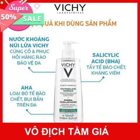 Nước tẩy trang cho da hỗn hợp và da dầu Vichy Pureté Thermale Mineral Micellar Water 400ml