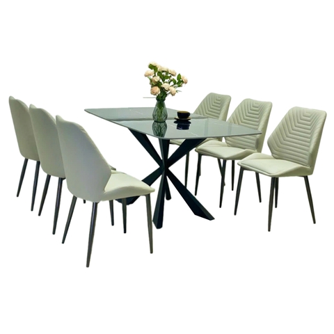 Bộ bàn ăn mặt đá chân sắt 6 ghế cao cấp BBA-67