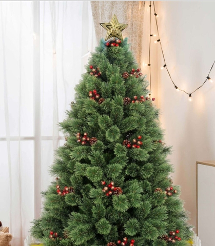 Cây thông A6 cước nở hoa gắn trái đỏ và trái thông lẫn kim tuyến - cây tự động