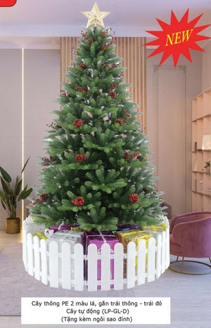 Cây thông PE 2 màu lá gắn trái thông và trái đỏ
