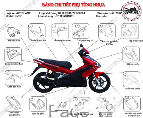 Bộ dàn áo Air Blade -2007. Có 3 màu: Đỏ- Trắng- Đen